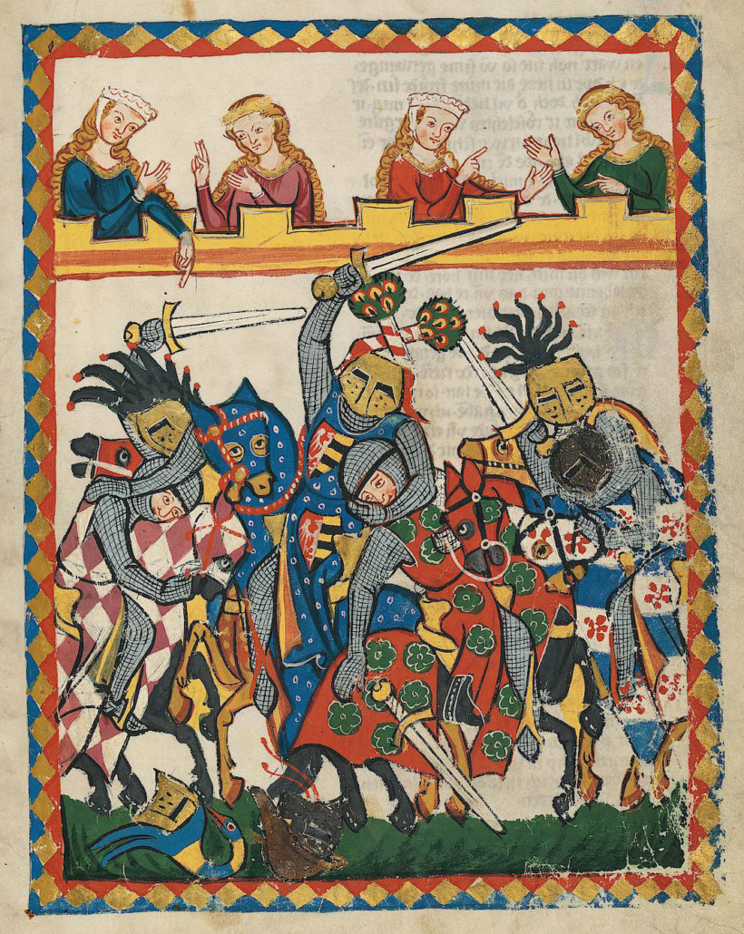 Kämpfende Ritter im Codex Manesse, 14. Jh. Quelle: https://digi.ub.uni-heidelberg.de/diglit/cpg848/0029