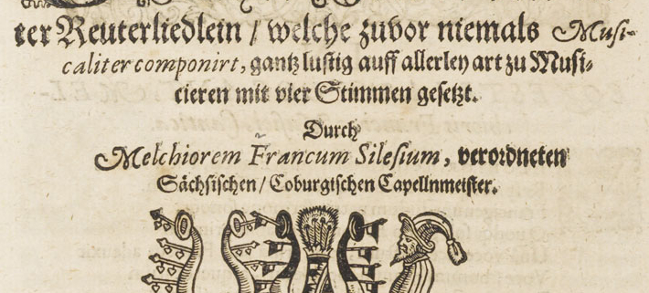 Titelblatt der „Reuterliedlein“, Nürnberg, 1603 (Image 41 of Opusculum etlicher newer und alter Reuterliedlein welche zuvor niemals musicaliter componirt | Library of Congress (loc.gov))