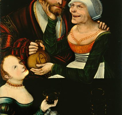 Lucas Cranach d. J. (1515–1586), (?), Ungleiches Paar (Die verliebte Alte), Öl auf Holz, um 1540