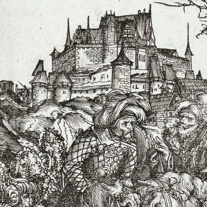 Detail aus dem Holzschnitt Lucas Cranachs d.Ä. „Die Marter des hl. Erasmus“ mit der Veste Coburg im Hintergrund, 1506