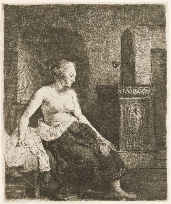 Halbbekleidete Frau, am Ofen sitzend, 1658, Radierung, Grabstichel, Kaltnadel, Inv.-Nr. VII,380,200