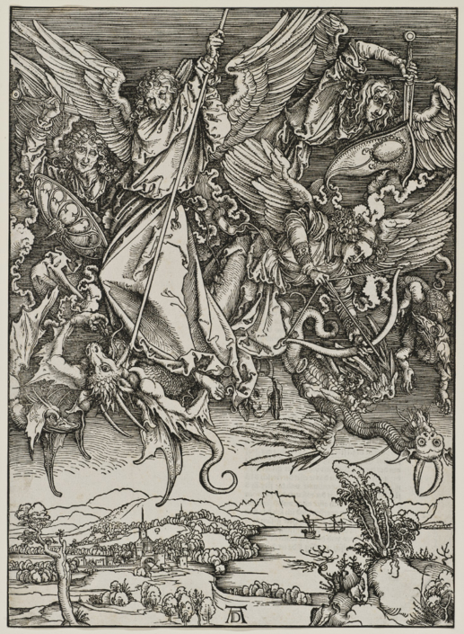 Albrecht Dürer (1471 - 1528), Michaels Kampf mit dem Drachen, aus der "Apokalypse" (deutsche Urausgabe; Off. d. Joh. 12, 7-9), [Nürnberg], 1498, Holzschnitt