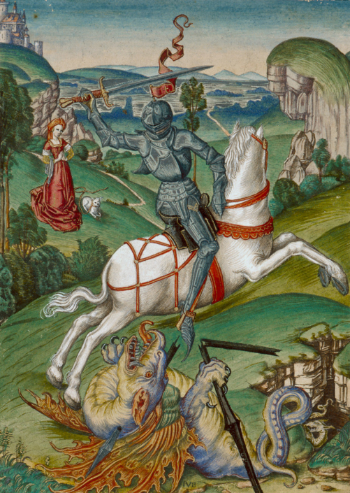 Meister FVB (tätig vermutlich in Brügge 1475 - 1500), Stecher Der hl. Georg im Kampf mit dem Drachen, 1475 - 1500 Kupferstich, koloriert