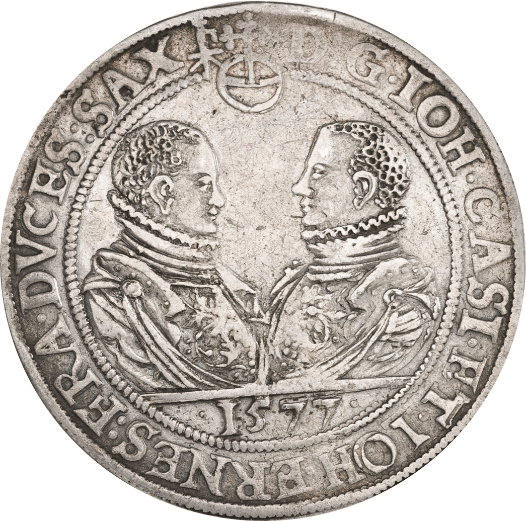 Reichstaler mit den Hüftbildern von Johann Casimir und Johann Ernst, Silber, 1577