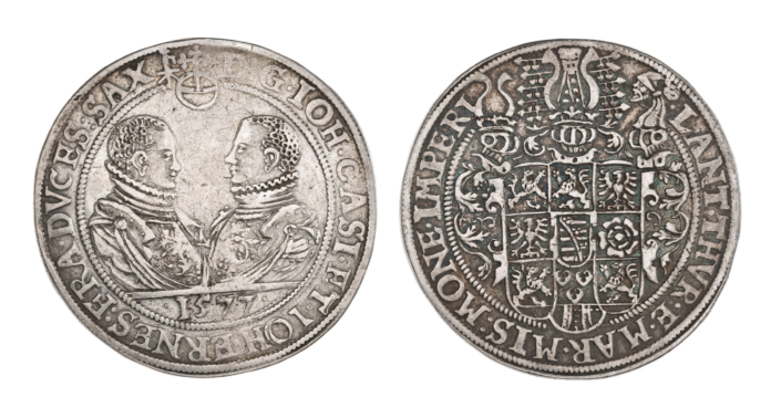 Reichstaler mit den Hüftbildern von Johann Casimir und Johann Ernst, Silber, 1577