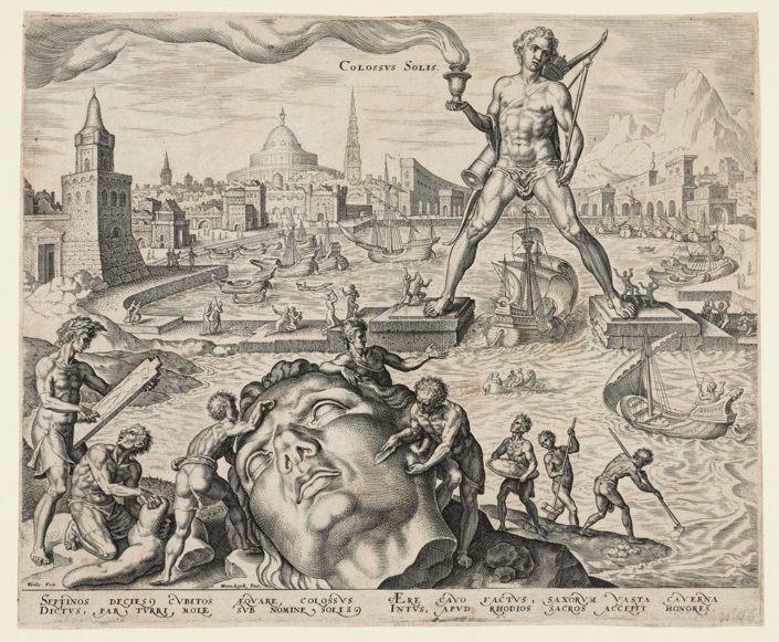 Philips Galle nach Maarten van Heemskerck, Der Koloss von Rhodos, aus: Die acht Weltwunder, 1572. Foto: Kunstsammlungen der Veste Coburg