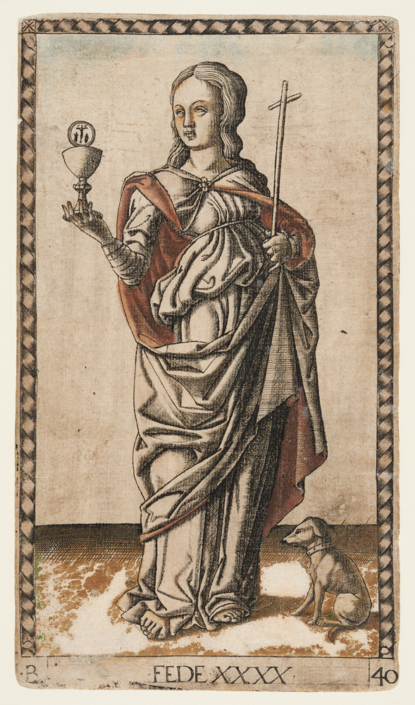 Meister der E-Serie, Der Glaube, aus: E-Serie der „Tarock-Karten des Mantegna“, um 1465. Foto: Kunstsammlungen der Veste Coburg