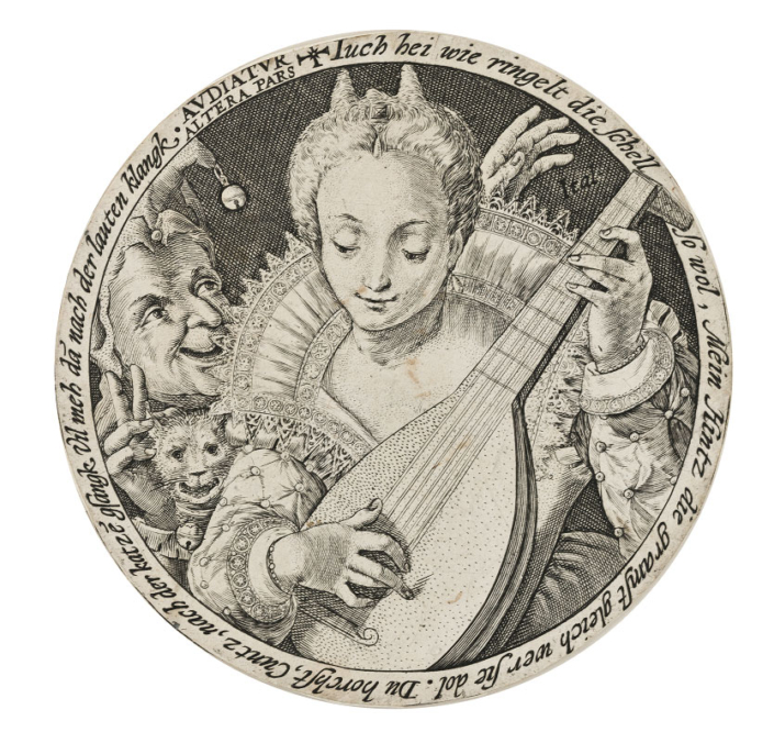 Crispijn de Passe I.: Das Gehör, aus der Serie „Die fünf Sinne“, Kupferstich, 1579–1637. Kunstsammlungen der Veste Coburg, Inv.-Nr. VII,295,313.